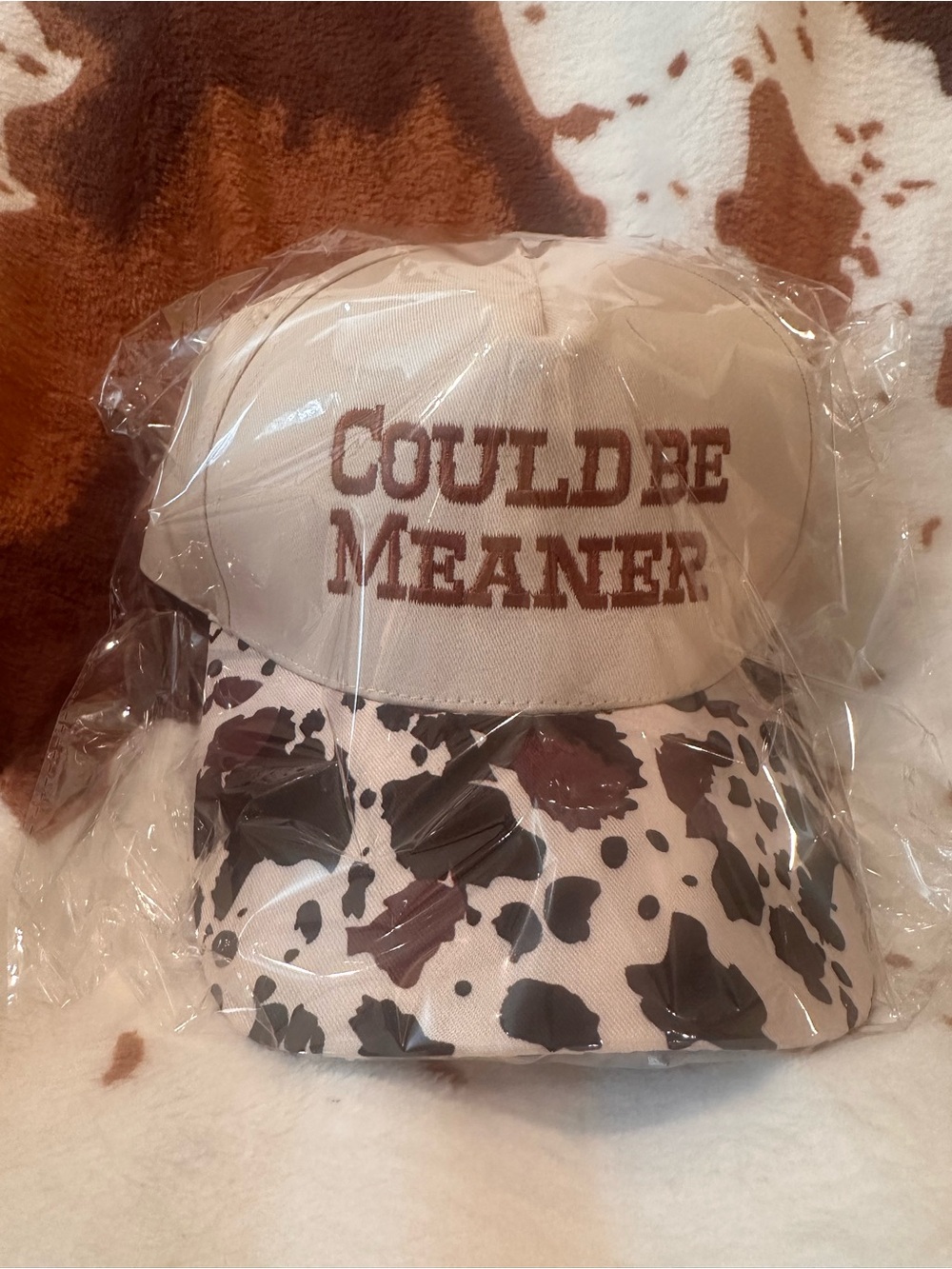 CC Boutique Cream Baseball Cap with Brown Cowprint Visor - "Could Be Meaner"